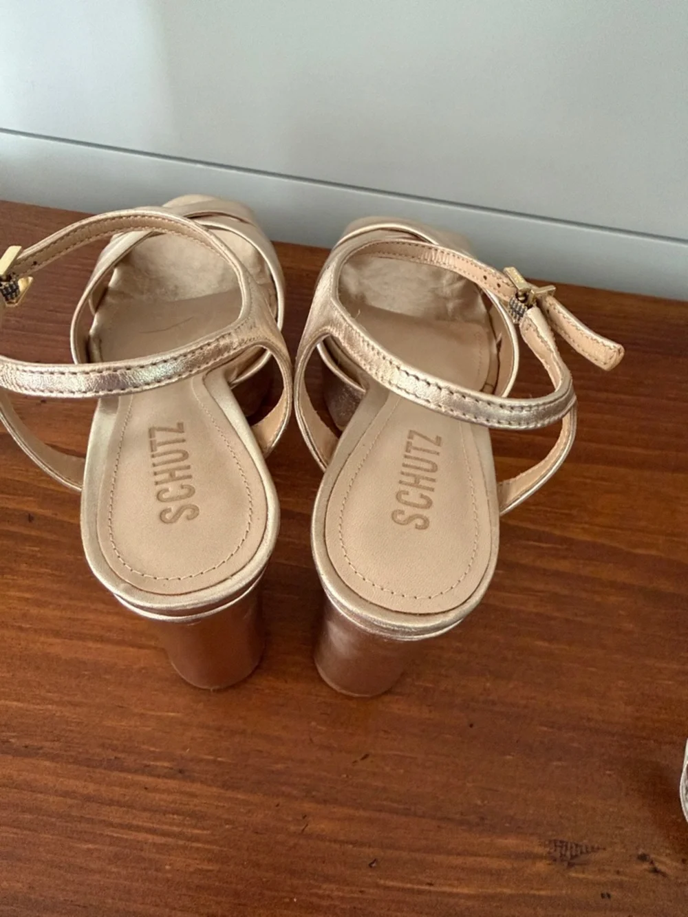 Shultz Keefa Metallic Gold Platform Sandals with Ankle Strap - Picture 5 of 8